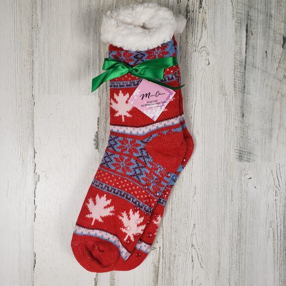 NWT Sherpa Lined Knit Winter Snowflake Leaf Design No-Slip Slipper Socks - Picture 1 of 6